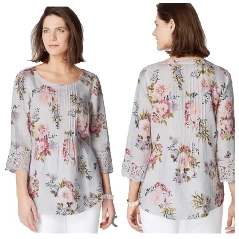 J Jill Love Linen Floral Top Size Medium Lace Trim Lagenlook Pleated Cottage - Picture 4 of 10